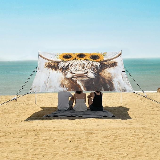 ALAZA Highland Cow Sunflowers Beach Tent Sun Shelter Portable Canopy Sunshade for Outdoor Camping Picnics Backyard Fun 10x9 ft