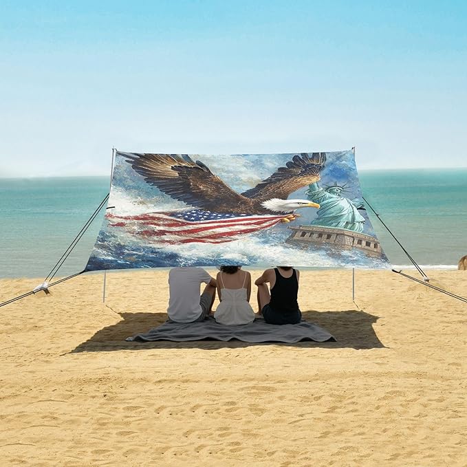ALAZA Bald Eagles Flying Carrying American Flag The Statue of Liberty Beach Tent Sun Shelter Portable Canopy Sunshade for Outdoor Camping Picnics Backyard Fun 10x9 ft