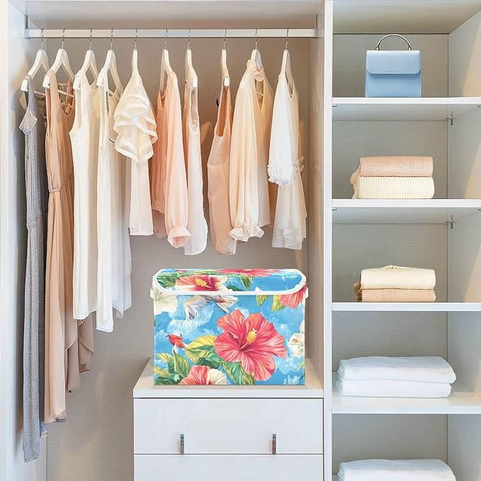 Collapsible Storage Bins with Lids Decorative Fabric Storage Cubes Closet Organizer and Storage Basket Boxes Containers for Clothes Box Chest Nursery Folding Rectangle Hibiscus Birds Oil Pain