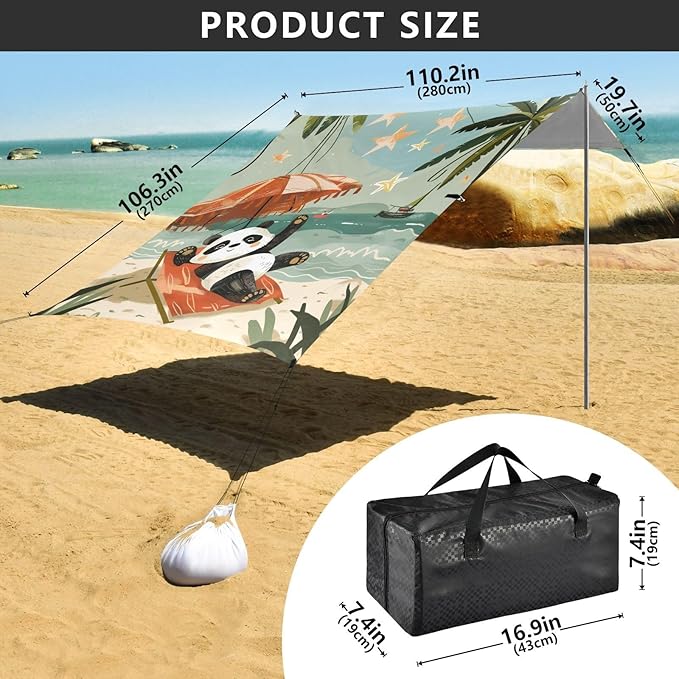 ALAZA Cute Panda Stars Beach Palm Tree Beach Tent Sun Shelter Portable Canopy Sunshade for Outdoor Camping Picnics Backyard Fun 10x9 ft