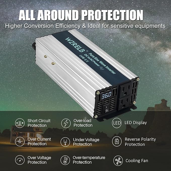 WZRELB 500W Pure Sine Wave Inverter 36V DC to 110V 120V AC Power Converter with LED Display Off-Grid Portable Power Inverter with 2 AC Outlets for Home RV Truck Camping