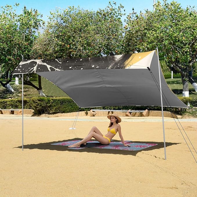Beauty Yellow and Black Foldable Beach Cabana UPF50+ Protection Water-Resistant Portable Sun Shelter with Sandbags and Shovel for Camping Fishing Backyard Fun