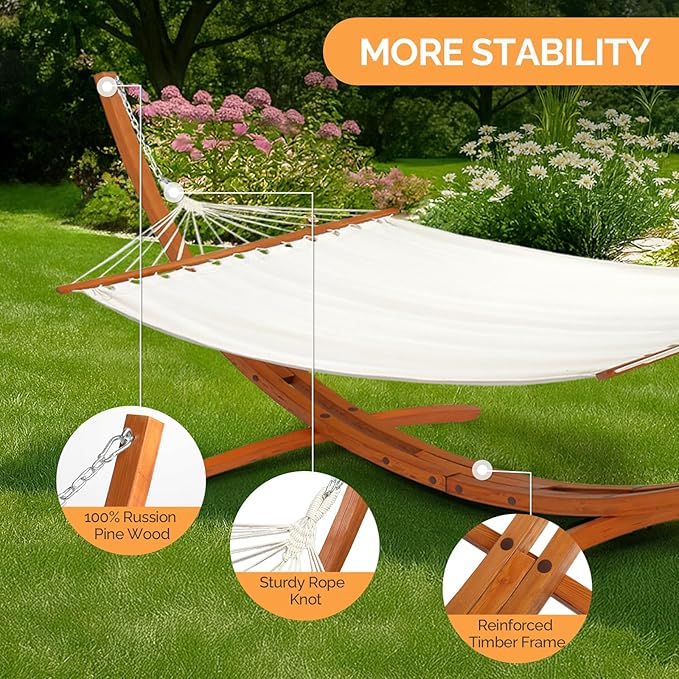 OnCloud Double Hammock Wood Arc Stand Wooden Hammock W/Stand Classic Natural Hammock Set for Yard Garden (14 ft Set)