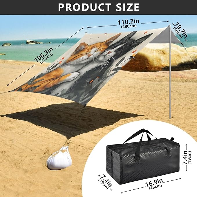 ALAZA Cute Cat Valentine Beach Tent Sun Shelter UPF50+ Protection Beach Shade Canopy w/ 4 Sandbags for Outdoor Camping Fishing Backyard Fun Picnic 10x9 ft