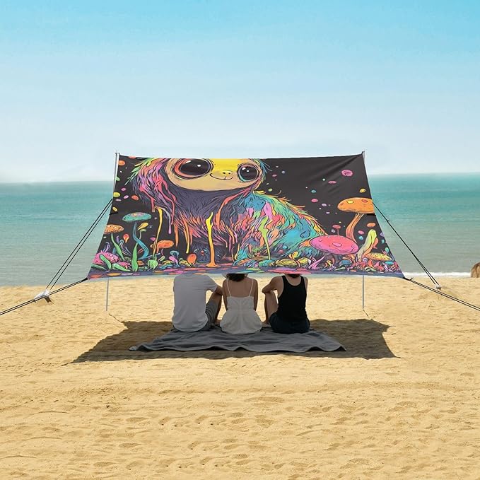Cute Sloth Stable Beach Tent UPF50+ Water-Resistant Large Sun Shelter with Sand Pockets for Family Trips Picnics &amp Camping
