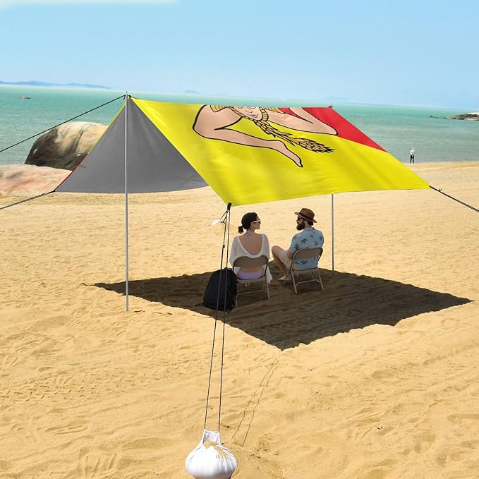 Flag Italy Sicilian Yellow Red Beach Tent UPF50+ Protection Waterproof Sun Shelter with Sandbags &amp Sand Shovel for Camping Trips Fishing Backyard Fun or Picnics