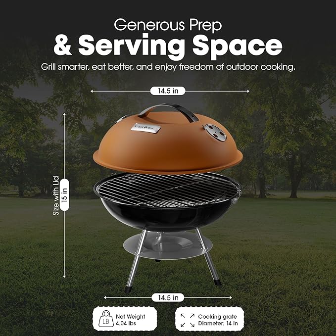 GasOne – 14-inch Portable Barbecue Grill with Thermometer - 3-Point Locking Lid for Heat Preservation – Dual Venting System – Small Charcoal Grill for Backyard Camping Boat
