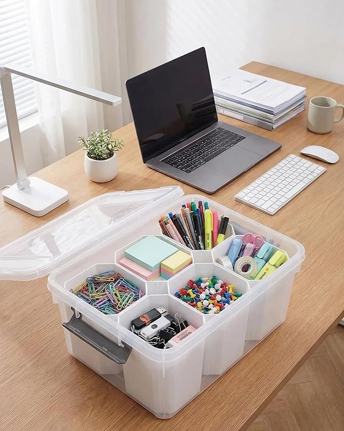 EOENVIVS Clear Plastic Storage Box with Dividers Transparent Organizer Bin with Lid and Handle Multi-Compartment Container for Office Supplies Craft Tools Cables and Accessories