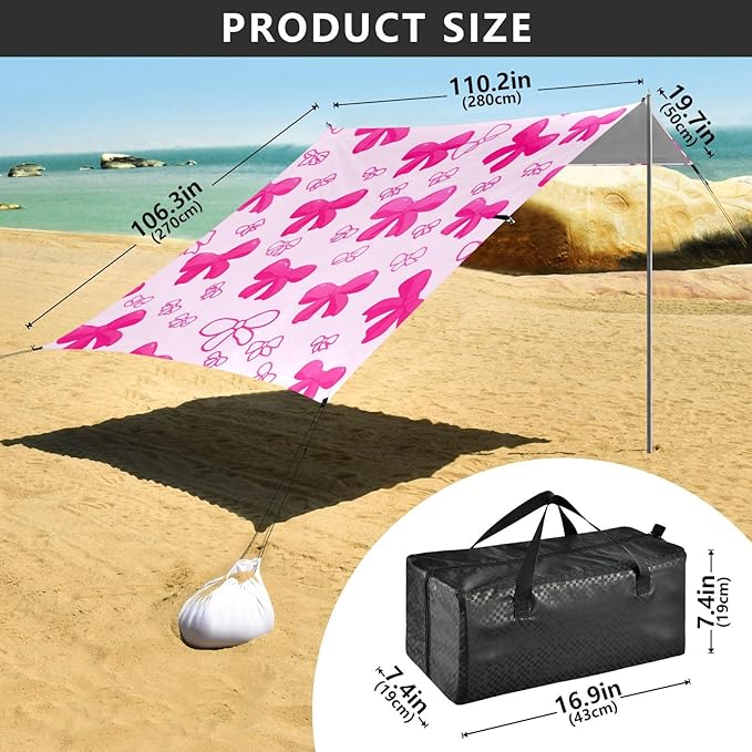 xigua Bow Tie Beach Tent Sun Shelter with Carrying Bag - Silver Coated Oxford Fabric Beach Canopy for Beach Camping Fishing - Includes Windproof Ropes Sandbags &amp Stakes