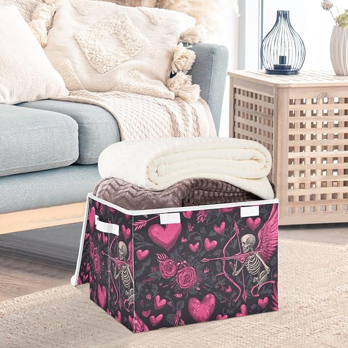 Valentine Skeleton Hearts Black Storage Box with Lid 1 PC Foldable Storage Bin with Lids Stackable Storage Bins Cube Closet Organizer Basket with Flip-Top Lid &amp Handles for Shoes Books Towels