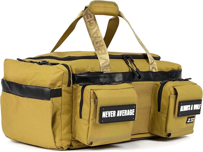 WOLFpak Ultimate 40L Gym &amp Travel Duffle Bag for Men &amp Women | Heavy-Duty Gear Bag w/Durable Waterproof 1000D Oxford Material | Hard Shell Base Laptop Sleeve Custom Patch Options | (Khaki)