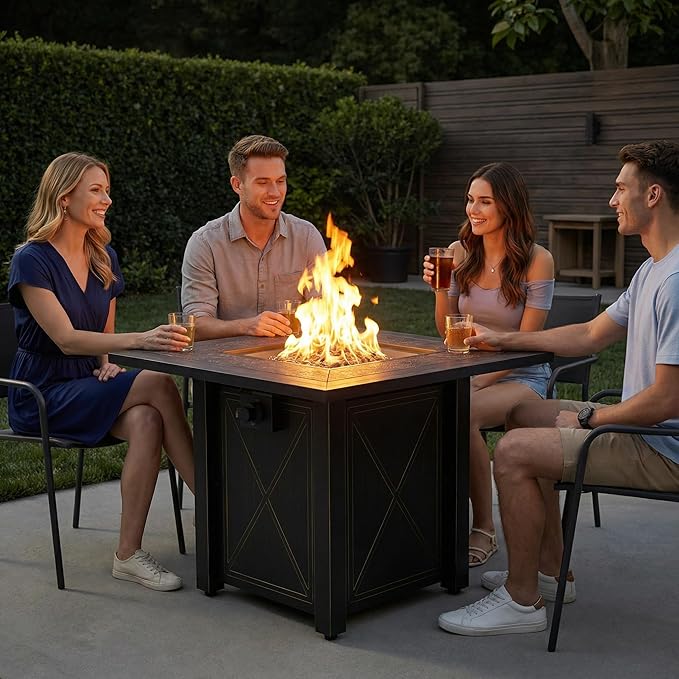 HOTEAGLE 30 Propane Fire Pit with Premium Ceramic Tabletop 50000 BTU Powerful Gas Firepit Table - Includes Lid and Lava Rocks Ideal Outdoor Fire Pit for Dining Party in Patio Garden Yard