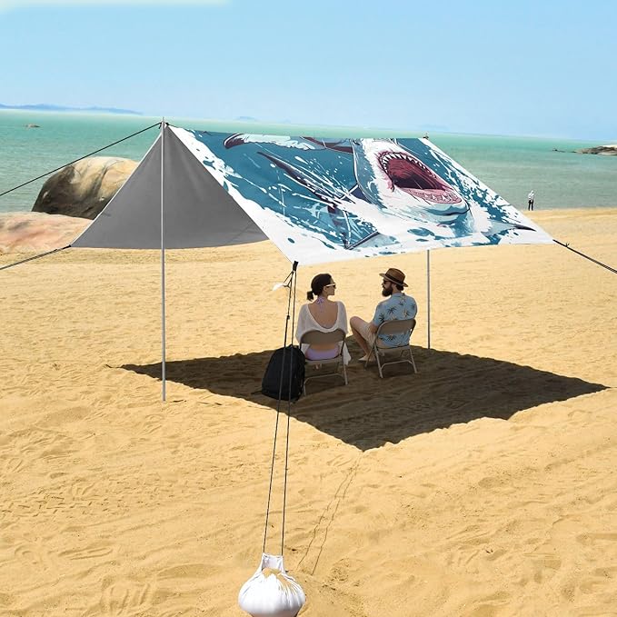 ALAZA Cruel Shark Beach Tent Sun Shelter UPF50+ Protection Beach Shade Canopy w/ 4 Sandbags for Outdoor Camping Fishing Backyard Fun Picnic 10x9 ft