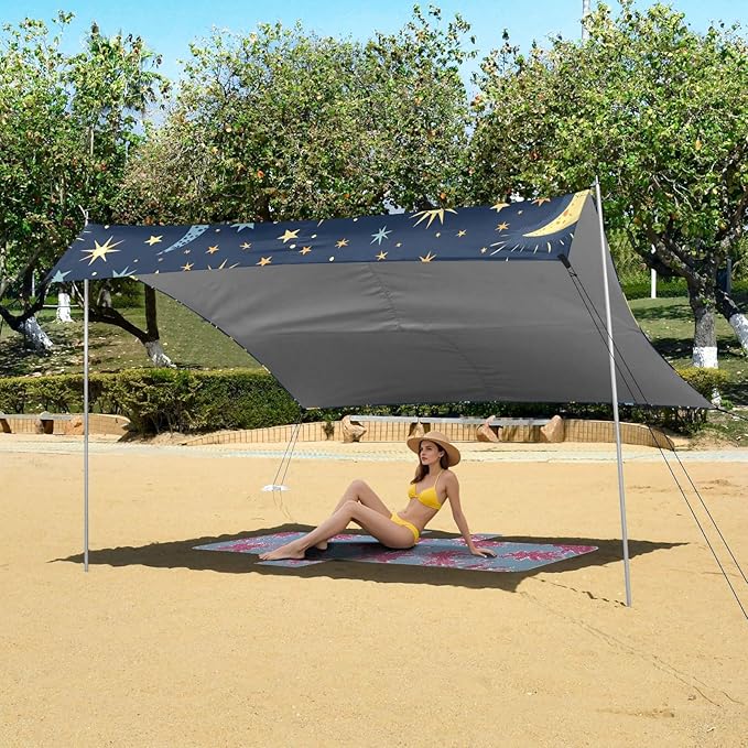 ALAZA Sun Moon Star Starry Sky Beach Tent Sun Shelter UPF50+ Protection Beach Shade Canopy w/ 4 Sandbags for Outdoor Camping Fishing Backyard Fun Picnic 10x9 ft