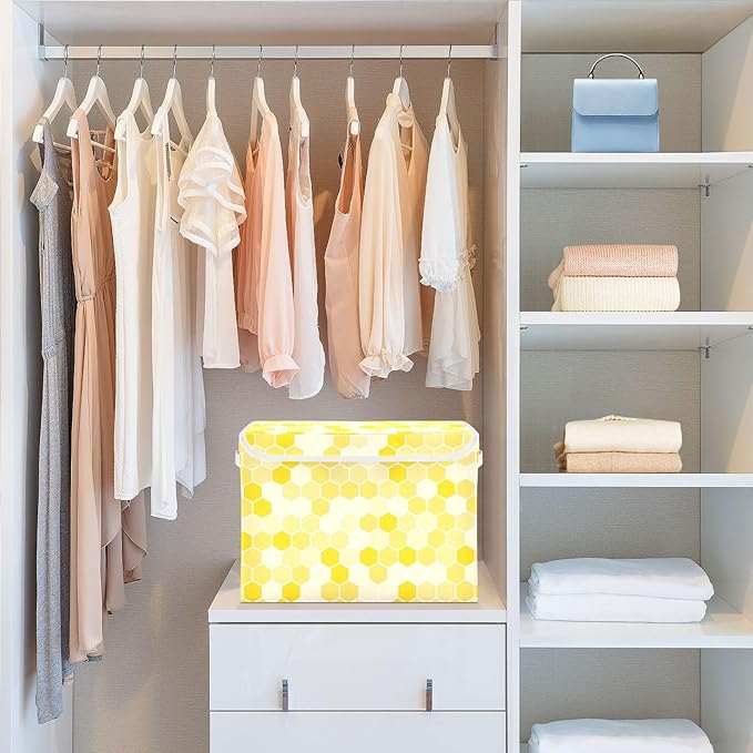 susiyo Large Foldable Storage Bin with Flip-Top Lid Yellow Bee Honeycomb Storage Box Collapsible Closet Organizer Containers Boxes Decorative Baskets with Handles for Home Bedroom Living Room Office