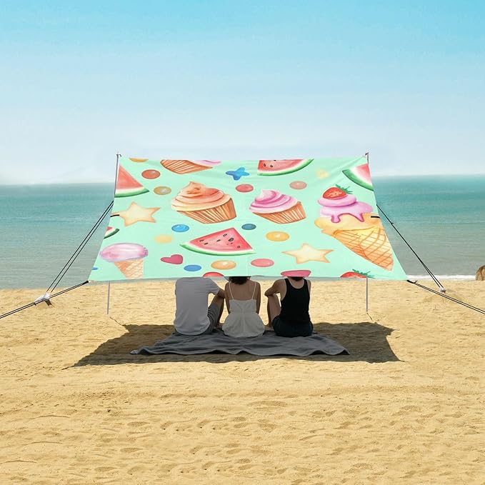Beach Canopy with Windproof Ropes &amp Sandbags Beach Tent Sun Shade Sun Shelter for Camping Trips Fishing Backyard Fun or Picnics Dessert