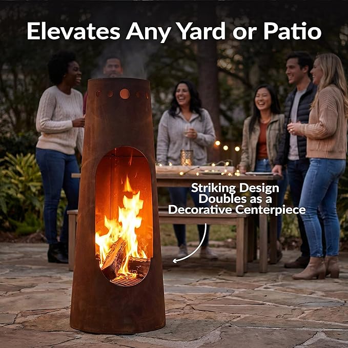 Sunnydaze Santa Fe 50-Inch Chiminea Outdoor Fire Pit - Wood-Burning Chiminea Outdoor Fireplace with Wood Grate - Rustic Patina Finish