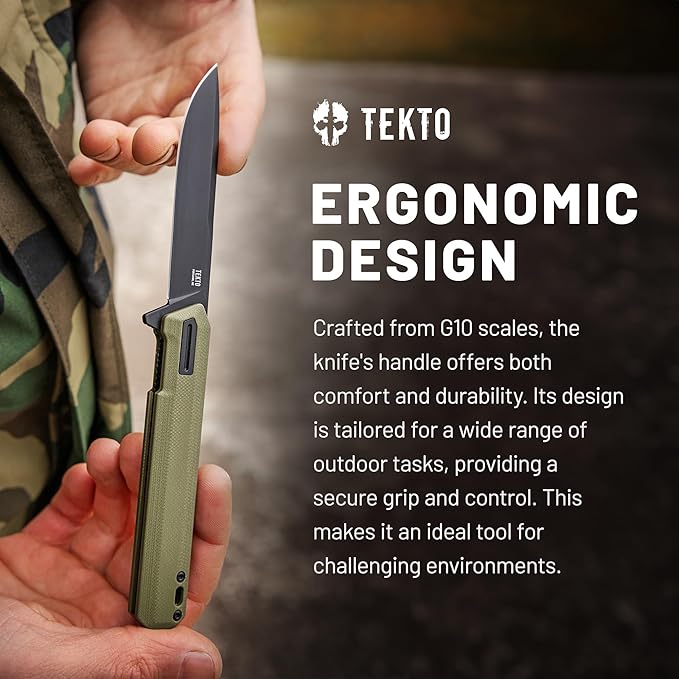 TEKTO F2 Bravo Folding Pocket Knife - D2 Steel Blade Ceramic Ball Bearings - EDC - Snap Swift Flip for Camping Backpacking - 2.4oz (68g) G10 OD Green Handle Black Titanium Accents