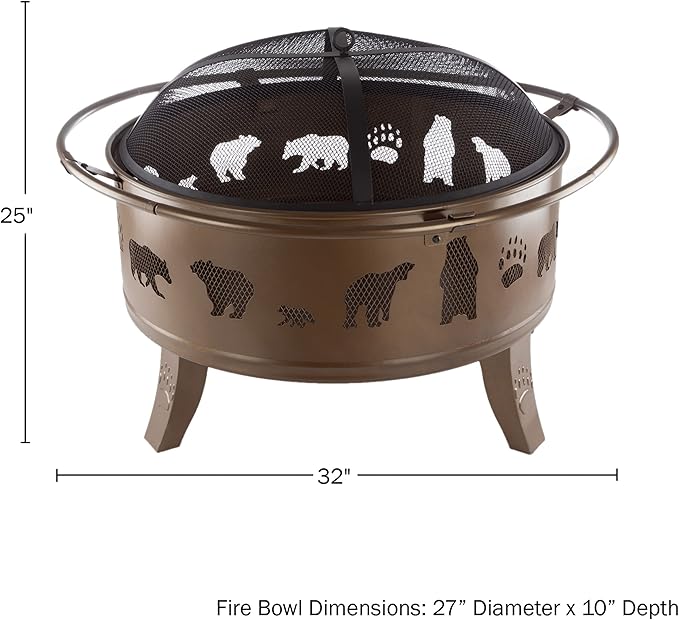 Pure Garden 50-LG1202 32” Outdoor Deep Fire Pit-Round Large Steel Bowl with Bear Cutouts Mesh Spark Screen Log Poker &amp Storage Cover-Patio Wood Burning Antique Gold
