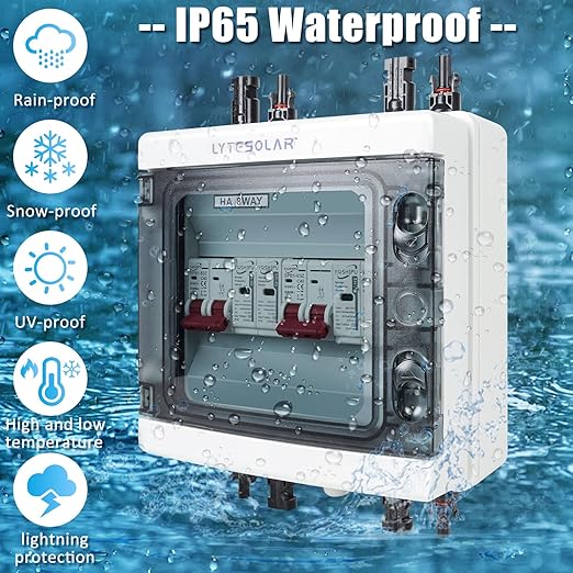 2 String 500V PV Combiner Box 2 in 2 Out Dual String 63A DC Circuit Breaker with Solar Disconnect Function Surge Protection IP65 Weather-Resistant Enclosure