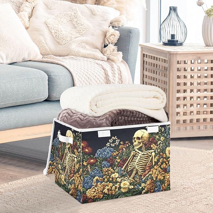 Storage Cube with Lid Art Skull Floral Print 16.5×12.6×11.8 IN Collapsible Large Capacity Foldable Storage Basket Bin Organizer