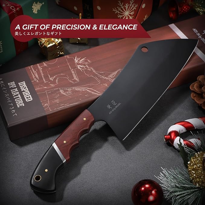 Meat Cleaver Knife 8inch - Black Butcher Knife for Meat Cutting Japanese High Carbon Steel Vegetable Cleaver for Chopping Kitchen Cooking Knife with Wooden Handle Gift for Men