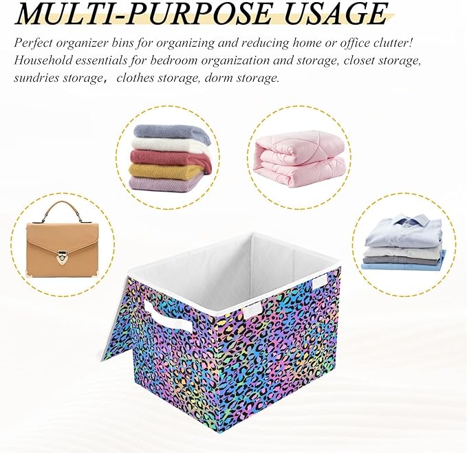 Holographic Leopard Print on Gradient Storage Boxes with Lids Stackable Closet Organizers Containers for Clothes for