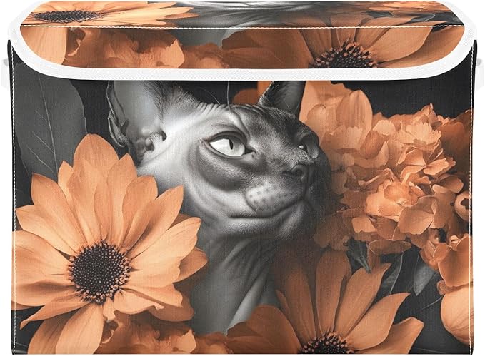 AIXIWAWA Lidded Storage Cube (Sphynx Cat Floral) Fabric Foldable Closet Bins with Flip Lid and Handles Organizer Basket Container 16.5 x 12.6 x 11.8 IN