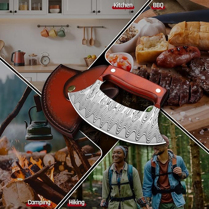 ROCOCO Pizza Cutter Ulu Knife – Full Tang Mezzaluna Rocker Chopper with Sheath for Kitchen Camping BBQ Gifts for Men Women