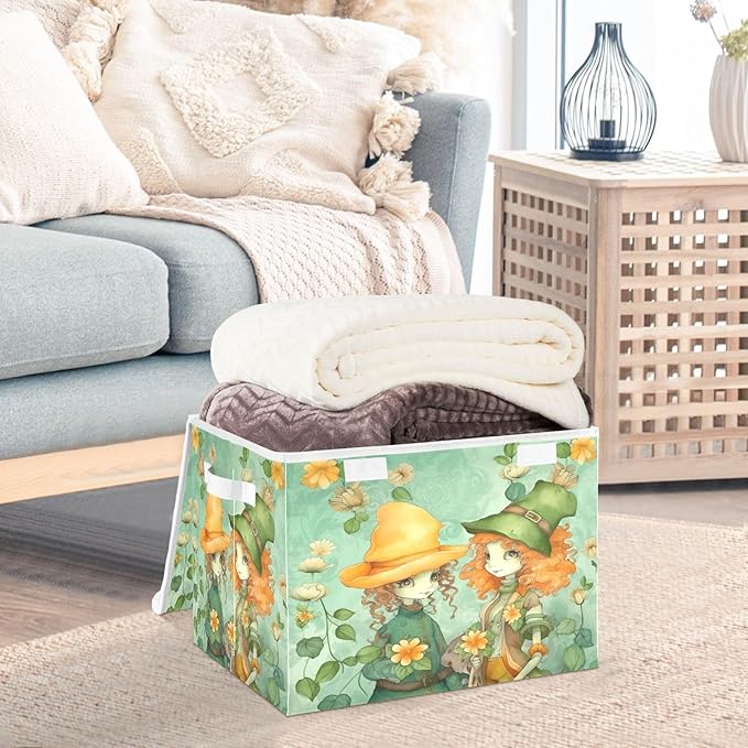 Christmas Storage Baskets with Lids Elf Girls in A Flower Field Collapsible Bins Stackable Fabric Linen Baskets Closet Organizer Container 16.5x12.6x11.8