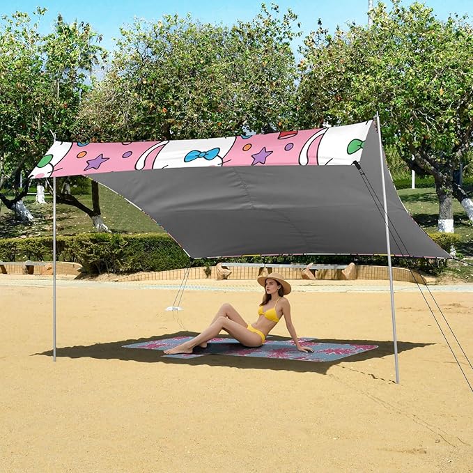 xigua Cat Beach Tent Sun Shelter with Carrying Bag - Silver Coated Oxford Fabric Beach Canopy for Beach Camping Fishing - Includes Windproof Ropes Sandbags &amp Stakes