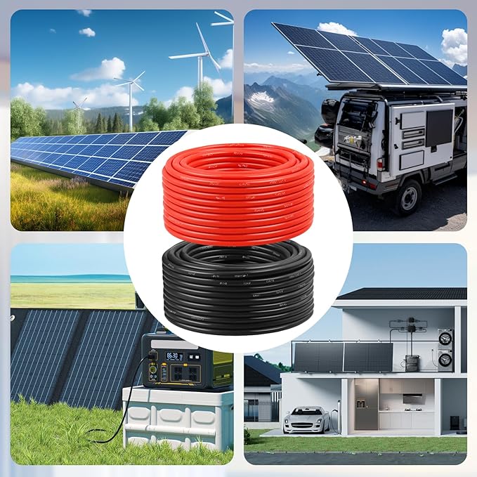 Solar Panel Wire 8 AWG(10mm²) - Solar Extension Cable 200Ft Black &amp 200Ft Red 8 Gauge Tinned Copper PV Wire for Outdoor Automotive RV Solar Panel Boat Marine (Black+Red)