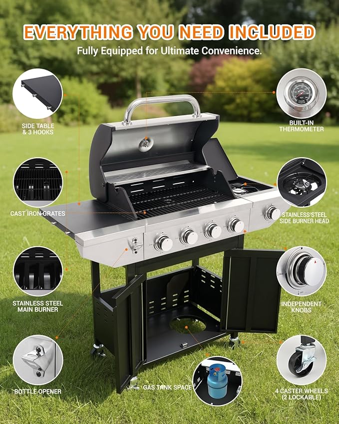 EUHOME 4-Burner Propane Gas BBQ Grill with Side Burner 46500 BTU Output Stainless Steel Barbecue Grill with Enameled Cast Iron Grates and Side Tables for Outdoor Cooking Kitchen and Patio Backyard