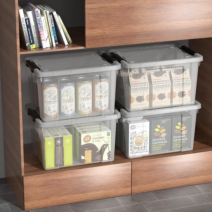 4 Pack 23 L Plastic Latching Storage Box with Wheels Stackable Container Bin for Holiday Decorations and Accessories Clear