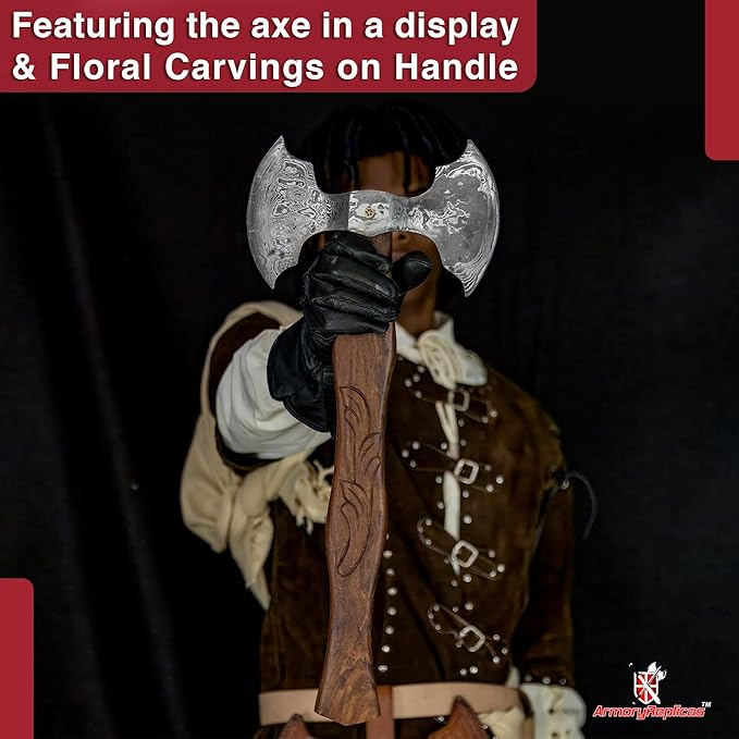 Armory Replicas™ Nightmare Blade of Ragnheidr Damascus Steel Axe – Double Headed Hand Forged with Sheesham Wood Handle Floral Carving &amp Leather Sheath