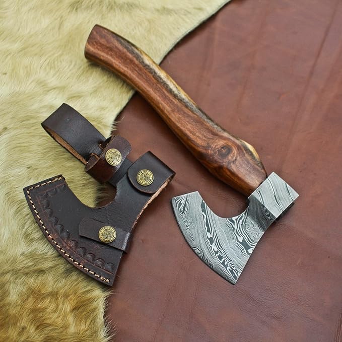 Nesmo - 012 Handmade Damascus Steel 11'' Mini Axe with Wooden Handle for Splitting and Cutting Wood Camping Axe Throwing Axe Vikinng AxeOutdoor Survival &amp Gift for Men