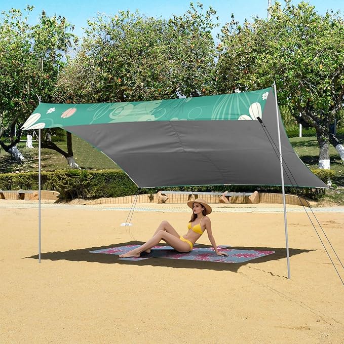 Cartoon Panda in Flowers Beach Tent Sun Shelter Set UPF50+ UV Protection 10.5 x 9.19 FT Camping Shade Canopy with Sandbags Sand Anchors Carrying Bag and Others