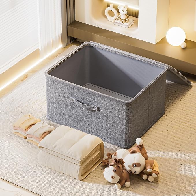 Collapsible Storage Bins for Home OrganizationGrey storage Bins Waterproof Fabric Foldable Organizer Boxes [3 Pack] 19.29in x 14.57in x 12.2in (49CM x 37CM x 31CM)