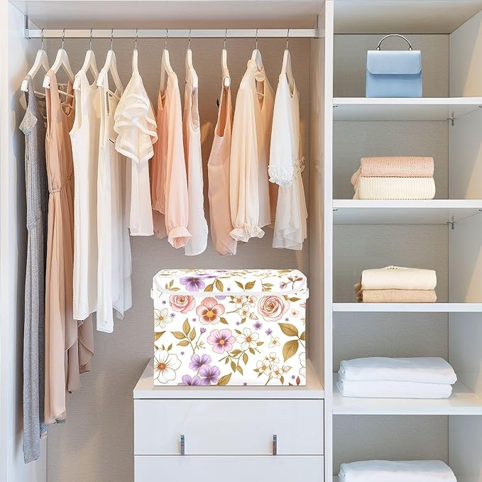 ALAZA Flower Pink 1 Storage Bins Organizer Box Baskets Lidded Clothes for Shelves Closet Collapsible Stackable Storage Cubes Handles