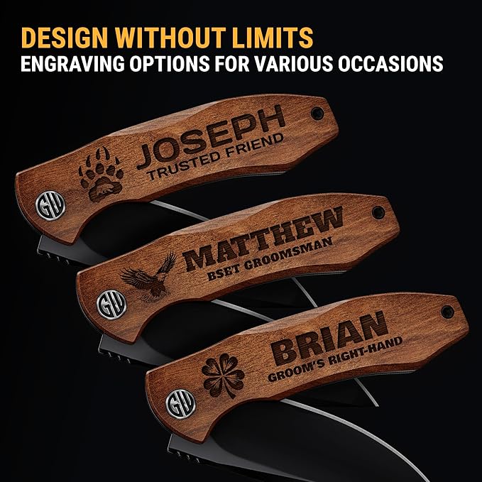 Grand Way Personalized Pocket Knife for Groomsmen - Custom Folding Knives Set of 3 pcs - Engraved Gifts for Men and Women - Gift for Groomsman Wedding Party Best Man Proposal Gift for Bride Maid