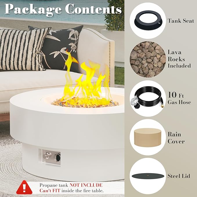 32.5 Inch Propane Fire Pit Table 50000 BTU Round Patio Fire Pit Table Outdoor CSA Certified Stainless Burner with Steel Lid Waterproof Cover &amp Lava Rocks for Backyard Garden White