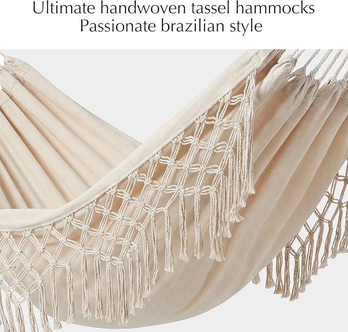 PNAEUT Double Hammocks for Outside Replacement Outdoor Tree Hammock for Indoor Patio Porch Garden (Tassel Beige Medium)