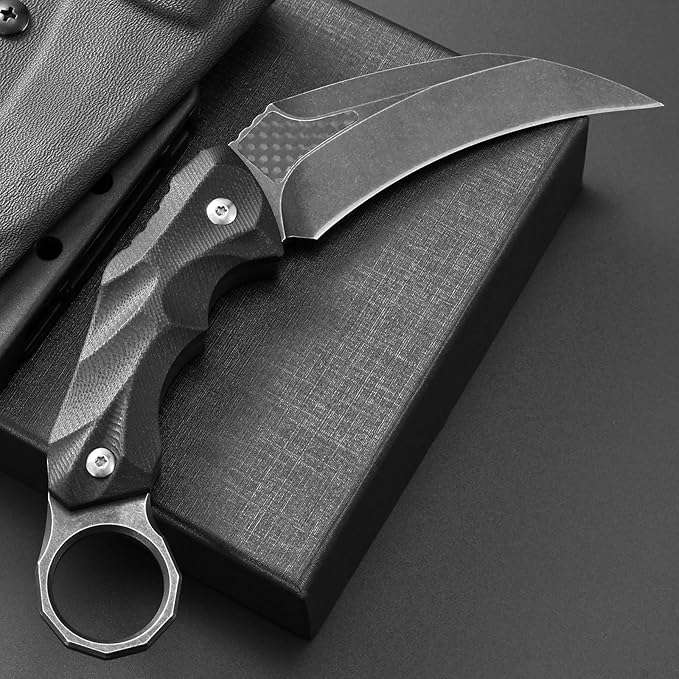 Ccanku C1692 Carbon Fiber Fixed Blade KnifeD2 Steel G10 Handle 4 Inches Camping EDC Tools Survival Claw Teeth Knife with Kydex Sheaths(Black) … …
