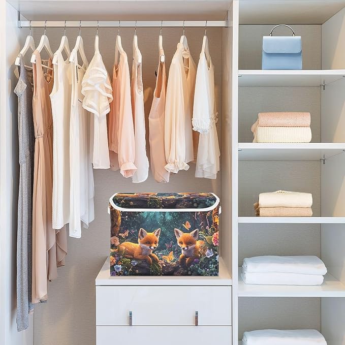 Storage Cube with Lid Cute Foxes Print 16.5×12.6×11.8 IN 1 Pack Collapsible Large Capacity Foldable Storage Basket Bin Organizer