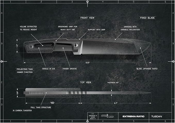 Extrema Ratio - Tuscan (Black) Fixed Blade Knife Bohler N690 steel blade 3.5 mm thick hardened to 58 HRC satin finish blade aluminum handle made in Italy