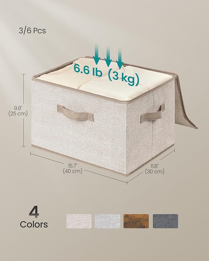 SONGMICS Foldable Storage Organizer Boxes Set of 3 Storage Basket Bins with Lids Handles Clothes Organizer 15.7 x 11.8 x 9.8 Inches Non-Woven Fabric Summer Sand URZB003K01