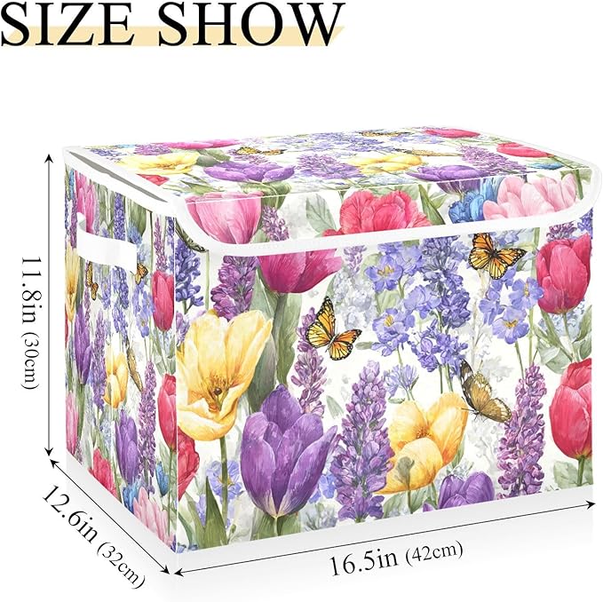 Storage Bins with Lids Storage Containers Box Organizer Bin Basket with Handles for Closet Shelves Clothes Stackable Foldable Decorative Tulips Lavenders Purple Butterfly