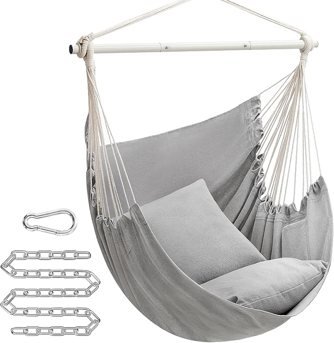 SONGMICS Hammock Chair Load Capacity 500 lb Hanging Chair with 2 Cushions Large Hammock Swing with Chain and Pocket for Indoor Outdoor Living Room Bedroom Dove Gray UGDC197G01