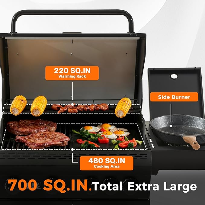 4 Burner Propane Gas Grill with 1 Side Burner 50000 BTU Outdoor BBQ Grill Heavy-Duty Steel Construction Cast Iron Cooking Grates &amp Griddle Backyard Patio Barbecue