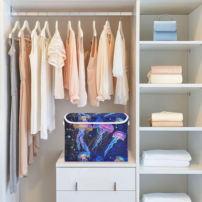 Ocean Jellyfishes Bubbles and Starfishes Collapsible Storage Bins with Lids Decorative Fabric Cubes Closet Organizer Basket Boxes Containers for Clothes Box Chest Folding Rec
